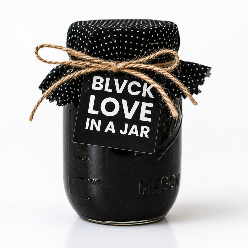Black Love In A Jar sea moss product by Black Hippie Couple - full jar with bow and label visible