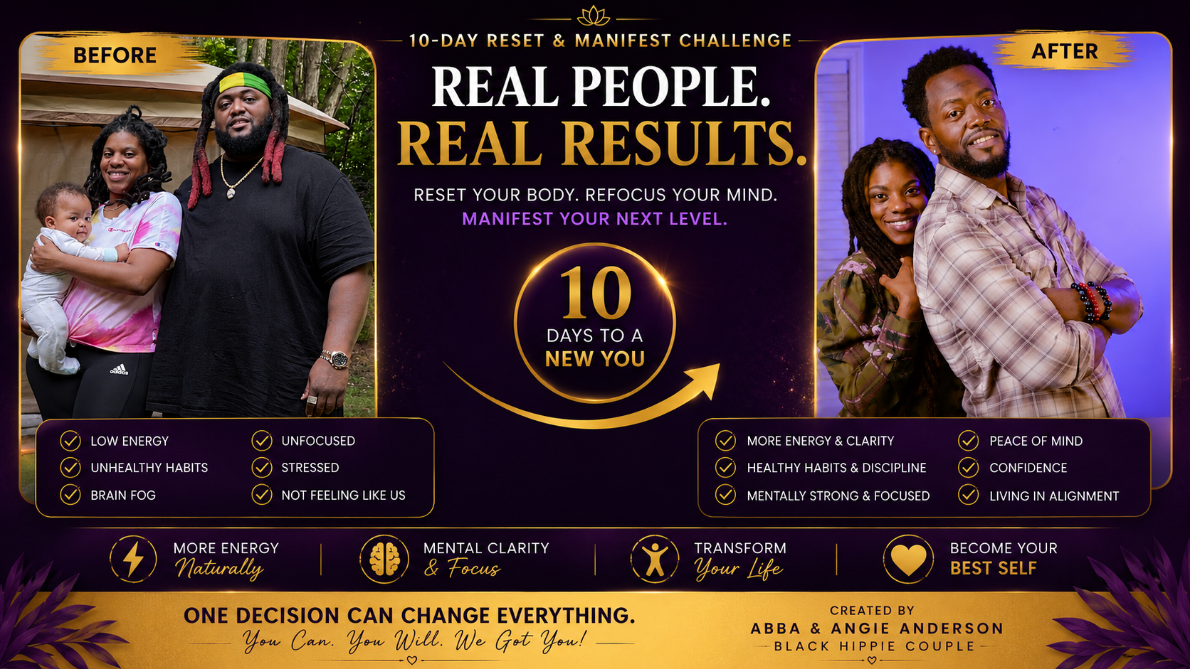 Before and after transformation — Abba and Angie Anderson lost over 310 pounds combined with the 10-Day Reset & Manifest Challenge