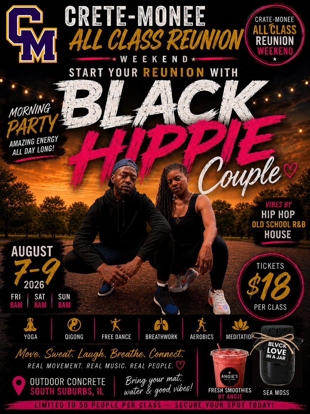 Crete-Monee All Class Reunion Weekend vertical event flyer - Black Hippie Couple August 7-9 2026